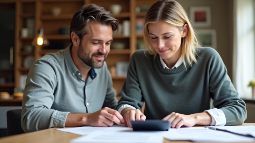 Familie bei der Finanzplanung mit Dokumenten und Geldscheinen auf dem Tisch