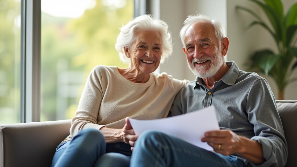 Älteres Ehepaar sitzt zusammen am Fenster und plant ihre Altersvorsorge mit Dokumenten und Tablet