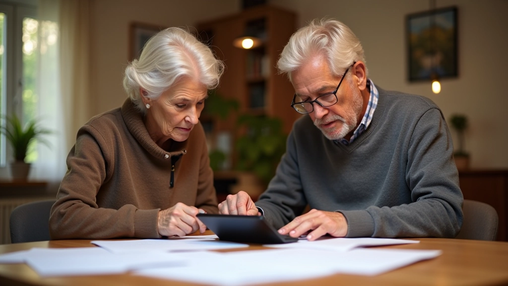 Älteres Ehepaar sitzt zusammen am Tisch mit Dokumenten und Taschenrechner, sorgfältig ihre finanzielle Planung besprechend