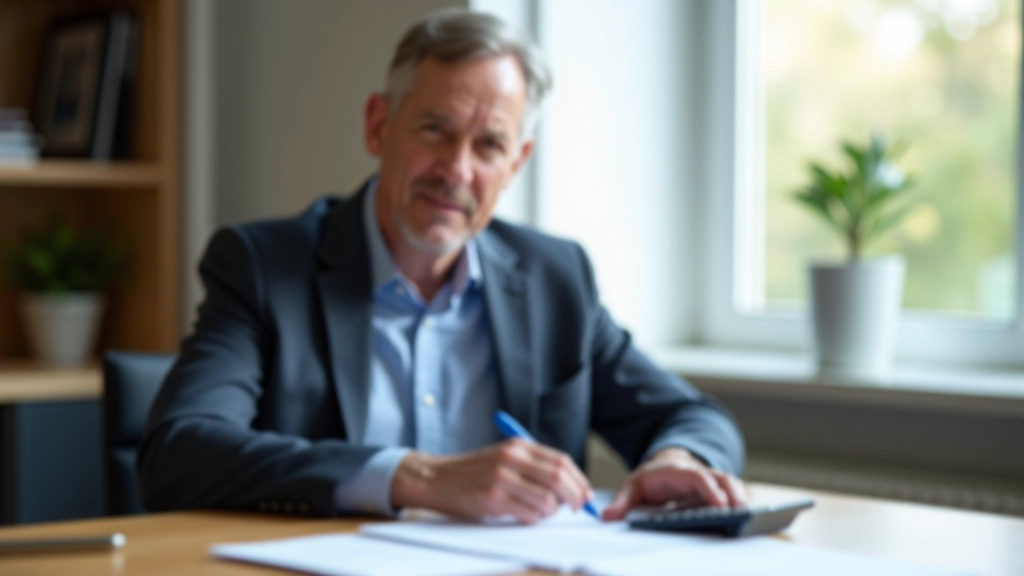 Person am Schreibtisch mit Dokumenten und Taschenrechner zur Altersvorsorge-Planung