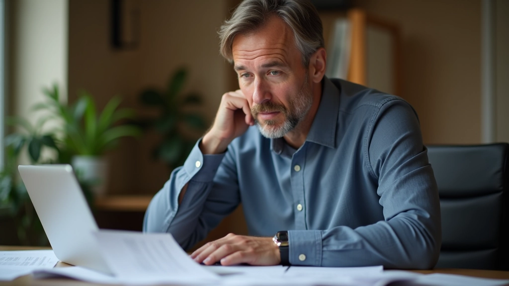 Selbstständiger bei der Steuererklärung mit Dokumenten und Laptop